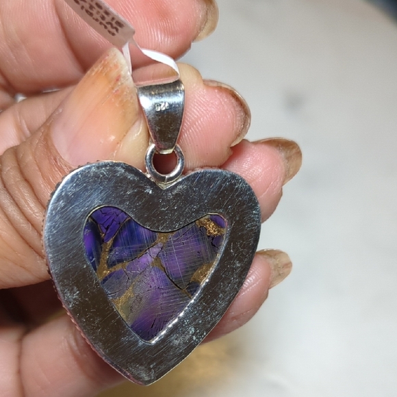 Purple Copper Turquoise gemstone heart pendant in 925 sterling silver. - Picture 5 of 6